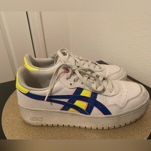 Woman's size 10 ASICS White and Blue Athletic Shoes with Neon Accents